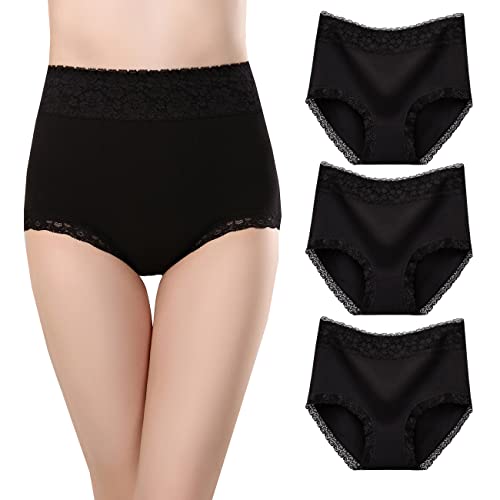 Image of marysgift Black High Waisted Knickers for Women Cotton Underwear Modal Lace Waistband Full Briefs Ladies Mid Waisted Soft Stretch Panties 3 Pack (M01,2XL UK 14 16)