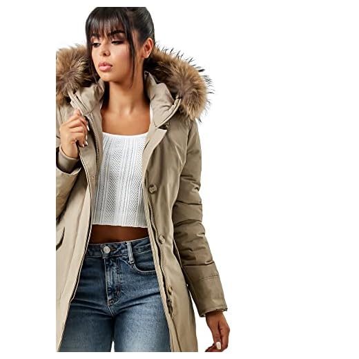 Burocs EFW27 damjacka, parkas, kappa, vinterjacka, äkta päls, huva, varm, fodrad, tvättbar, svart, marinblå, kaki, röd