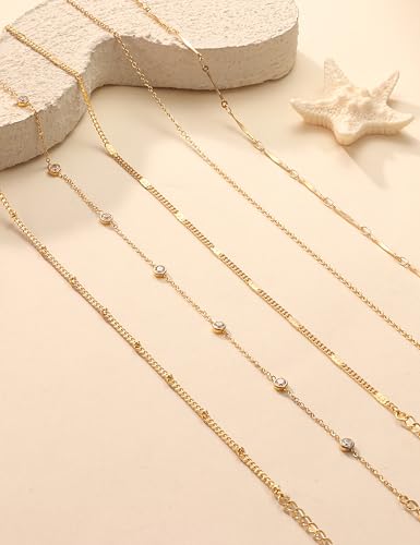 CASSIECA Gold Ankle Bracelets for Women - 14k Gold Plated Waterproof Stainless Steel Cuban Link Chain Ankle Set Layered Heart Herringbone Anklets Bracelets for Women Summer Beach Jewelry Gift 5Pcs