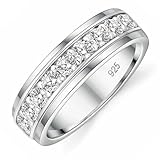 SweetJew Mens Moissanite Wedding Band 925 Sterling Silver Rings For Men 14K White Gold Plated 1ct D Color VVS1 Clarity Brilliant Lab Created Stone 9 Round Cut Engagement Rings For Him Size 9.5
