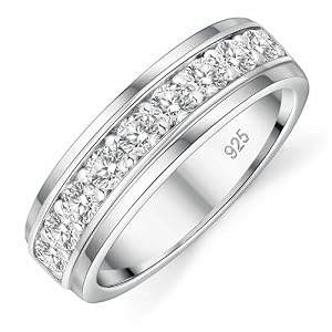 Mens Moissanite Wedding Band 925 Sterling Silver Rings For Men 14K White Gold Plated 1ct D Color VVS1 Clarity Brilliant Lab Created Stone 9 Round Cut Engagement Rings For Him Size 7-14
