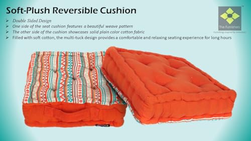 Image of Reversible 50x50x10 cm Woven Quilted Floor Cushion Boho Orange with Cotton Filler for Seating, Patio Seat, Meditation, Yoga, Pooja, Guests, Living Room, Bedroom, Large Size 20x20x4 Inch