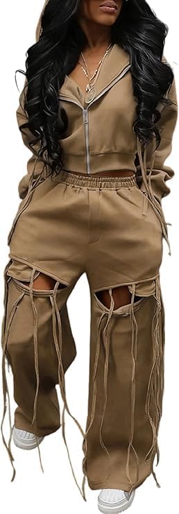 Womens Sweatsuits 2 Piece Outfits Fall Zip Up Cropped Hoodie Cut Out Sweatpants Sets Airport Travel Outfit Tracksuit