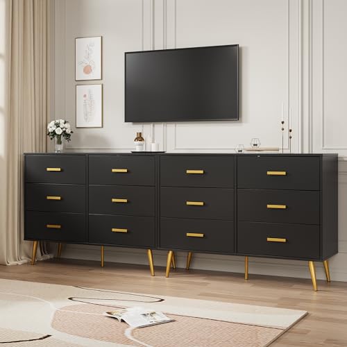 GarveeHome 6 Drawer Dresser, Modern Wooden Dresser with Gold Handles and Storage Space, Chest of Drawers for Bedroom, Hallway, Living Room and Entryway, Black