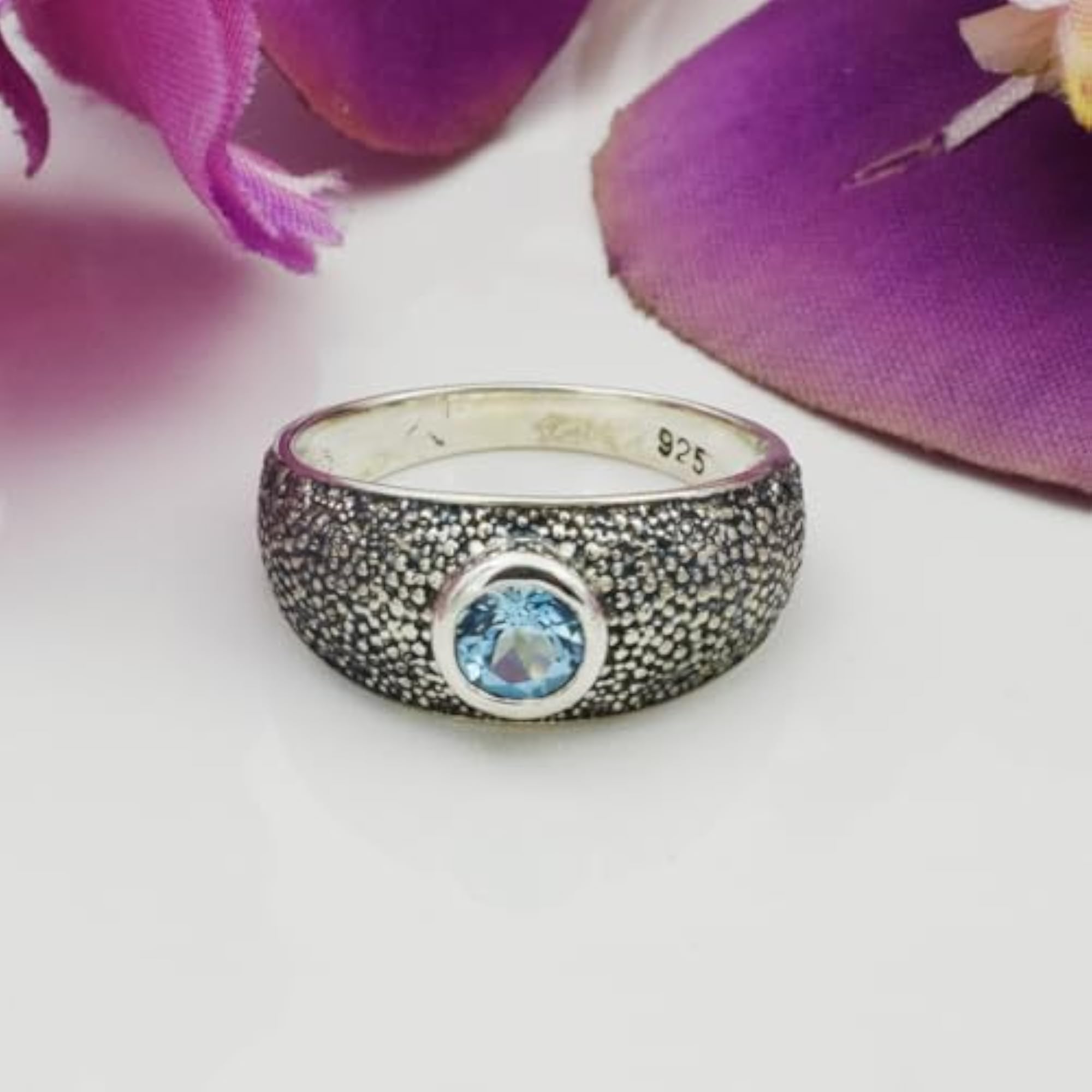 Blue Topaz Gemstone 925 Sterling Silver Oxidized Statement Ring