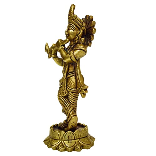 Statue de Krishna jouant de la flûte sur lotus en laiton ciselé main - 3