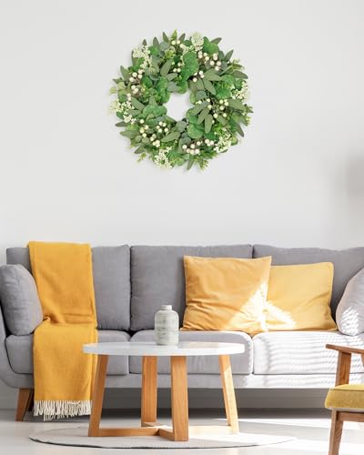 Vlorart 20 Inch Artificial Spring Summer Christmas Greenery Wreaths for Front Door Green Eucalyptus Leaf Wreath Decor Boxwood with Big Berries for Farmhouse Outside - image 5