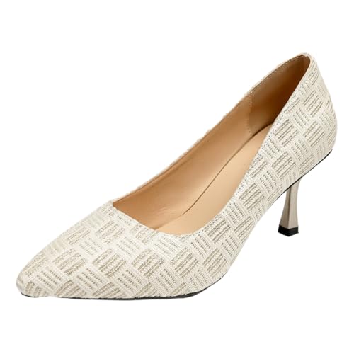 Women's Pointed Toe Pumps, Textured White Pattern, Kitten Heel, Classic
