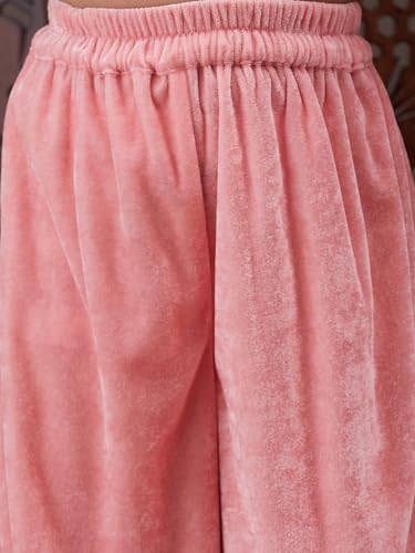 Image of Pspeaches Girls Ethnic Green & Pink Velvet Full Sleeves Solid Kurta and Pant with Dupatta 3 Piece Set