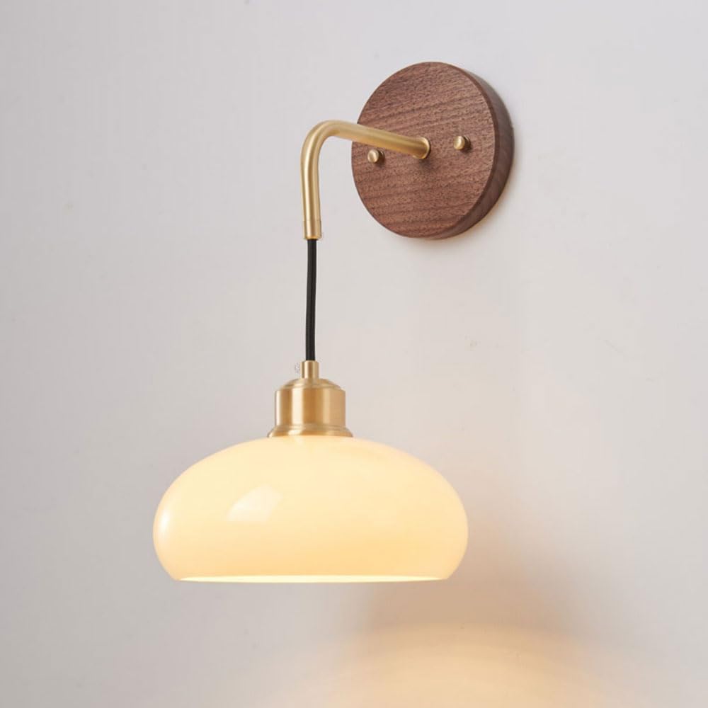 HPTHLY Retro Wall Sconce Hanging Glass Wall Light Fixture Walnut Wood Wabi Sabi Wall Lamp Brass Arm, Adjustable Bedside Art Decor Wall Sconces For Bedroom D