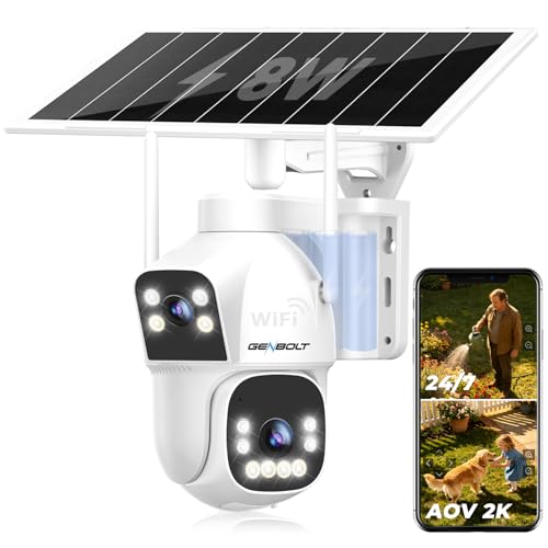 GENBOLT 2.5K AOV WiFi Solar Cámara Vigilancia Exterior Inalámbrica, Grabación 24/7 3MP+3MP Cámara IP Seguridad Exterior con Detección de IA Batería 15600mAh 8W, CCTV Cámaras Seguridad WiFi 2.4&5GHz