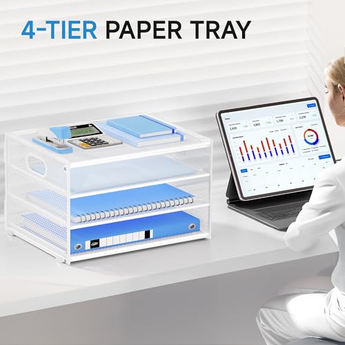 Marbrasse Organizador de Escritorio,4 Niveles Cestas de Correo, Portarevistas,Soporte de Almacenamiento para Papel,Organizador de Bandejas de Archivación,Oficina,Casa (Blanco) - imagen 5