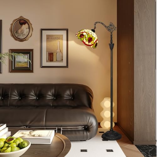 Image of Tiffany Floor Lamp Red grapes Classical elegance Gooseneck Adjustable Corner Vintage Standing Reading Lamps 12 inch Stained Glass Lamps for Bedroom Living Room Study room countryside Home Decoration