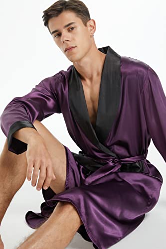 Image of TONY AND CANDICE Men's Satin Robe Lightweight Long Sleeve Silk Kimono Bathrobe with Shorts Set Sleepwear