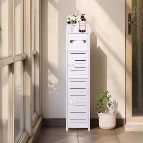 powerking Soporte para papel higiénico, pequeño armario de almacenamiento de baño con puertas y estantes, gabinete de almacenamiento delgado para baño, espacios pequeños, suelo de esquina, color - imagen 4