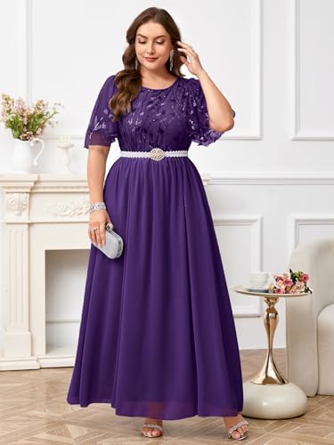 ZOMVA Plus Size 0X-4X Sequin Embroidery Formal Long Dress with Pearl Belt Glitter A Line Prom Wedding Guest Evening Gown4
