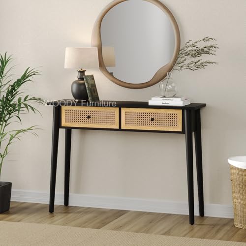 Image of WOODY Furniture Console Table with Storage | Solid Mango Wood Entryway Table for Living Room, Hallway & Bedroom | Foyer Desk (Black)