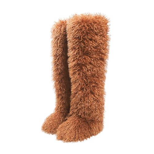 Image of Black Thigh High Fur Boots, Over the Knee Fluffy High Boots, Tall Furry shoes for Women