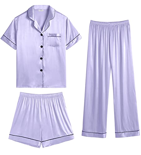 SWOMOG Women Silk Satin Pajama Set 3Pcs Short Sleeve