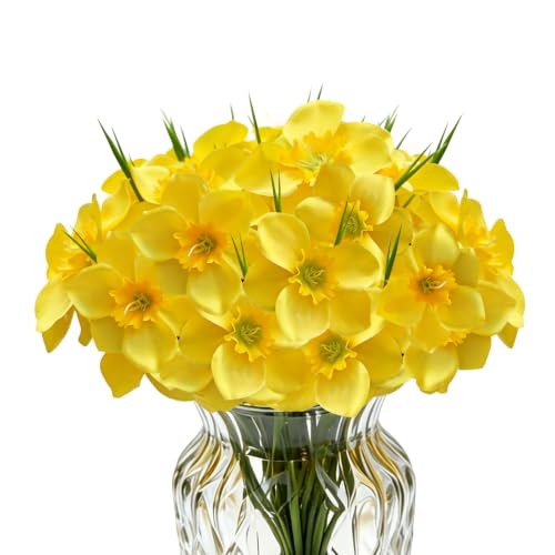 Celepoir DIY 30 Pcs Yellow Artificial Daffodils Making Kit Realistic Spring Flowers Artificial Bouquet with Leaves 7.8 in Fake Silk Flowers Indoor Narcissus for Home Party Wedding Office Garden