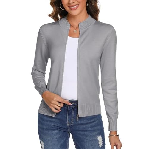 Totatuit Womens Long Sleeve Knitted Zip Up Sweater Cardigans Sweaters Lightweight Zipper Sweatshirts Jacket Small Light Grey