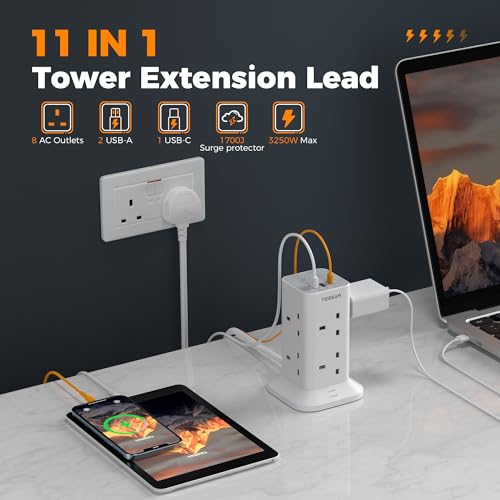 Tower Extension Lead with USB C Slots, TESSAN 8 Way Plug Extension Socket with Switch, Surge Protected Power Strip with 2M Cable for Home, School Supplies - Image 3