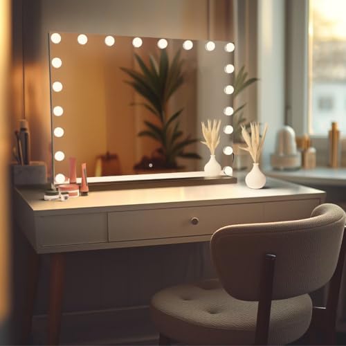 SensaHome Vanity Mirror Pro - Espejo de Maquillaje Estilo Hollywood con 15 Luces LED Regulables - 3 Modos de Luz - 80x60cm - Negro