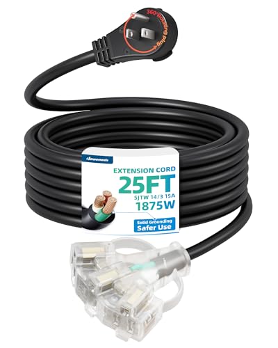 DEWENWILS 360 Rotating Flat Plug Black Outdoor Extension Cord 25FT 14/3 SJTW Heavy Duty Outdoor Extension Cord Waterproof 3 Prong Lighted Triple Outlet with Hook 125V/15A/1875W ETL Listed