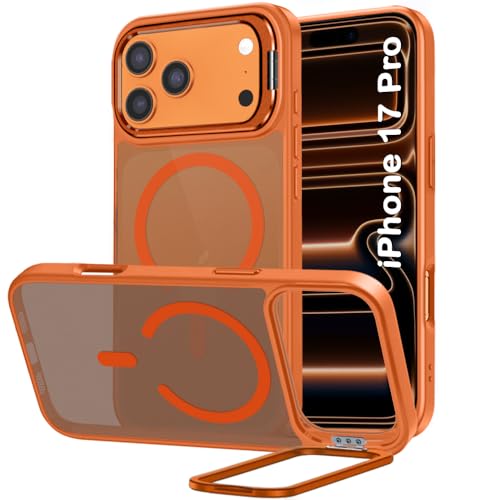 Image of TheGiftKart Hybrid Matte Frosted Back Cover Case for iPhone 17 Pro Compatible with MagSafe | Built-in Stand | Shockproof Hard Back Cover Case for iPhone 17 Pro (PC & TPU, Translucent Orange)