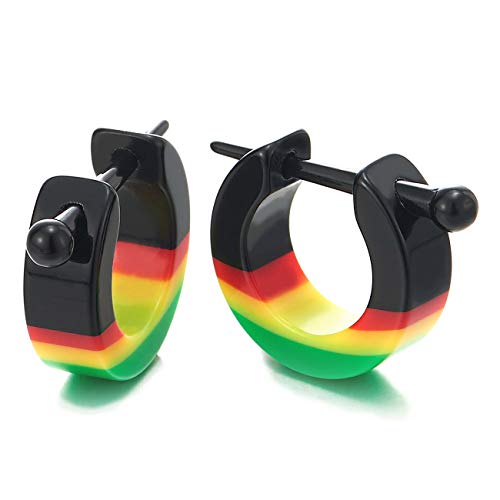Black Red Yellow Green Spike Huggie Hinged Hoop Earrings for Men Women, Stainless Steel, 2pcs