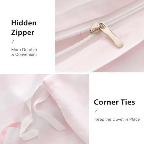 Image of Bow Duvet Cover Full Size Pink Striped Bowknot Bedding Set Kids Girls Cute Bows Vertical Stripes Soft Breathable Microfiber Comforter Cover Set with Zipper Closure and 2 Pillowcases