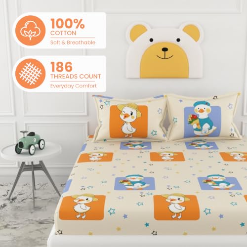 Image of LORETO - A QUALITY LINEN BRAND 186 TC 100% Pure Cotton Double /Queen Fitted Bedsheet with 2 Pillow Covers for 78 x 60 Inch Mattress, All-Around Elastic, 8 Inch Deep Pocket, Playful Ducks