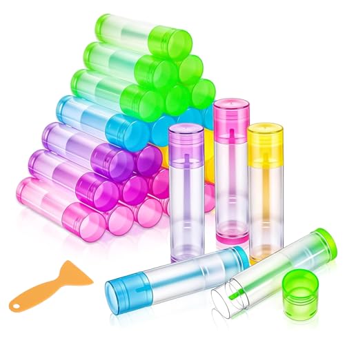 TMZELOA 30 Tubos Labial Vacío 5g Transparentes Giratorios, Tubos Bálsamo Labial Reutilizables de Plástico PP sin Olor, 5 Colores para Cosmética Casera DIY, Incluye 2 Espátulas