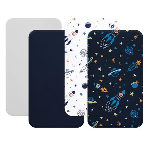Image of david's kids 4 Pack Fitted Crib Sheets, Ultra Soft Breathable Comfortable Baby Sheet Set for Boys Girls Neutral, 28x52 Inch Fits Standard Crib and Toddler Mattresses, Navy Space