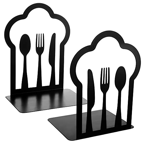 Kitchen Cookbook Bookends Fork Spoon Cloud Shape Metal Book Ends Support for Shelves Black Book Shelf Holder Home Decorative Book Stoppers