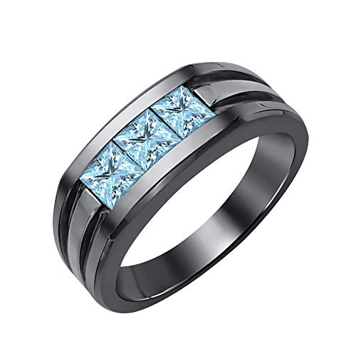 Princess Cut Three Stone Aquamarine 14K Black Gold Over .925 Sterling Silver Engagement Wedding Band Ring For Men's