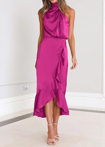 Image of KIRUNDO Women's Summer Satin Mock Neck Wedding Guest Dress | Party Cocktail Midi Dress, 2026 Spring Fashion, Silky, Elegant Classy Halter High Neck, Sleeveless Wrap Ruffle Formal Dress
