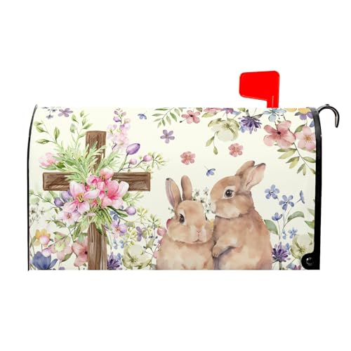 Easter Mailbox Covers Magnetic Standard Size 25.5 x 21 Inch Easter Holiday Bunny Watercolor Floral Cross Mailbox Wraps Post Letter Box Cover for Garden Yard Decor