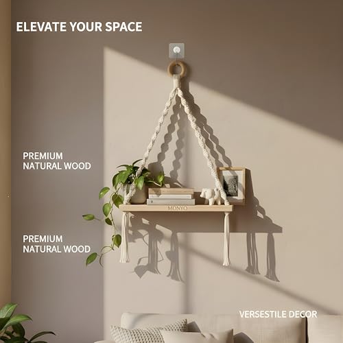 Image of 1-Tier Macrame Wall Hanging Shelf (Includes Mounting Hook) Boho Wooden Floating Shelves for Wall Decor - Handmade Cotton Rope Plant Hanger & Organizer for Living Room, Bedroom, Balcony