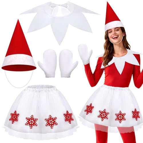 Beipegin 5 Pièces Rouge Costume Lutin Femme, Bonnet Noël Elfe Faux Col Gant Blanc Jupe Tutu Blanc, Accessoire Deguisement Lutin Farceur Rouge Deguisement...