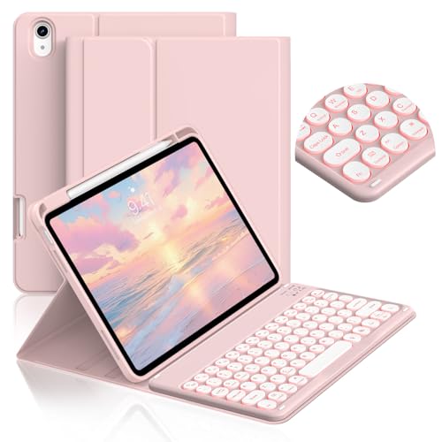 JKSML for iPad (A16) 11th/10th Gen case with Keyboard, Round Key, 7 Color Backlit, Detachable Wireless Keyboard, Stand Folio Cover with Side Pen Holder for iPad 10.9" (2022)/ 11" (2025) - Pink-N