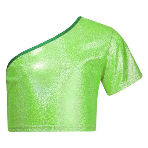 Oyolan T-Shirt Métallique Enfant Fille Haut Manches Courtes Top Danse Hip Hop Brillant Tenue Danse Moderne Jazz Costume Spectacle Dancewear 3-16 Ans Vert Fluo...