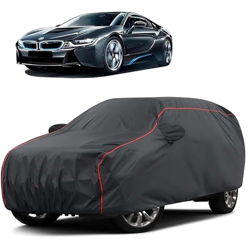 Image of Sulfar 100% Water Resistant Car Body Cover Compatible with Mirror for BMW i8 (Triple Stitched, Full Bottom Elastic, Dark Grey Taffeta with Red Piping)