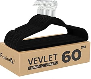 Fasiner Velvet Hangers 60 Pack, 45 cm Long, Non-Slip Felt Hangers with 360° Swivel Hook, Slim & Space Saving Flocked Hangers for Coat&Suits, Dresses, Jacket (Black)