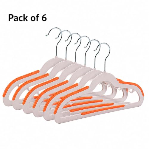 Image of Anti Slip Clothes Hangers - Space Saving Dry & Wet Hangers with Non-Slip Pads - Heavy Duty Coat, Suit, Underwear, Pants, Shirts (Orange, Pack of 6)