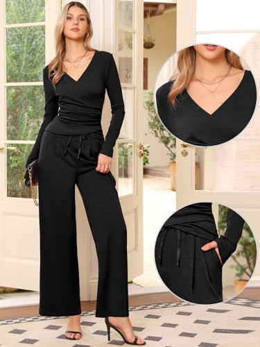Allegra K Lounge Sets for Women's 2 Piece V Neck Drawstring Fall Long Sleeve Wide Leg Casual Matching Sets with Pockets2
