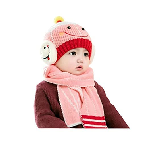 Zeki Baby Boys & Girl's Winter Warm Knitted Cartoon Design Beanie Cap with Knitted Muffler Scarf Set (Pink)-(1-3Years) 2