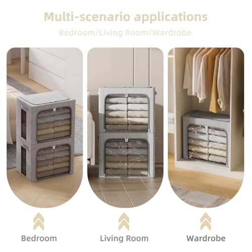 Image of FHSQX 2 Pack Clear Window Storage Bins - Large Stackable Linen Fabric Storage for Clothes Foldable Container Organizer Set with Carrying Handles (Light Gray, 15.7x 11.8x 9.8Inch)