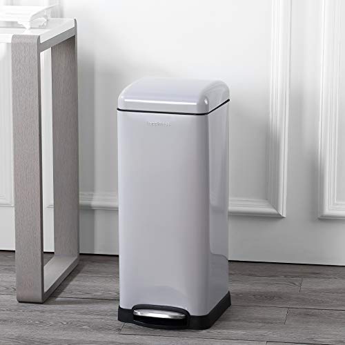 Image of happimess Betty 8 Gal Step Trash Can Soft-Close Lid, Gloss Gray | Fingerprint Resistant, Removable Liner, Semi-Rectangular, Steel Pedal, Iron Powder Coated, 27 inch Height, Non-Skid Base