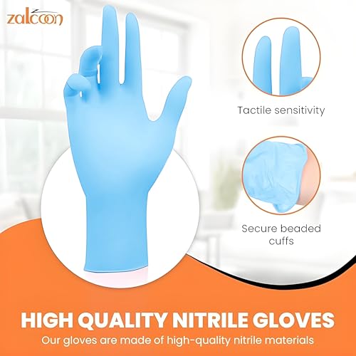 ZALCOON Nitrile Exam gloves disposable latex free Powder Free Chemical Resistance Disposable Gloves for Medical Exam, Home, Cleaning, Food Prep, Food safe and Non-Sterile (5 Pack x 100 Pieces)